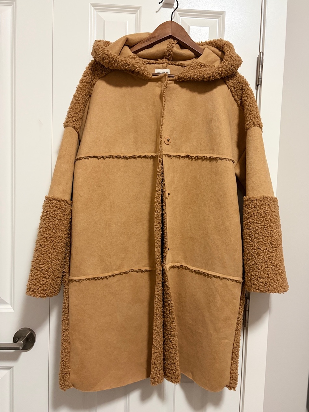 Forever 21 Camel Teddy Shearling Hooded Coat